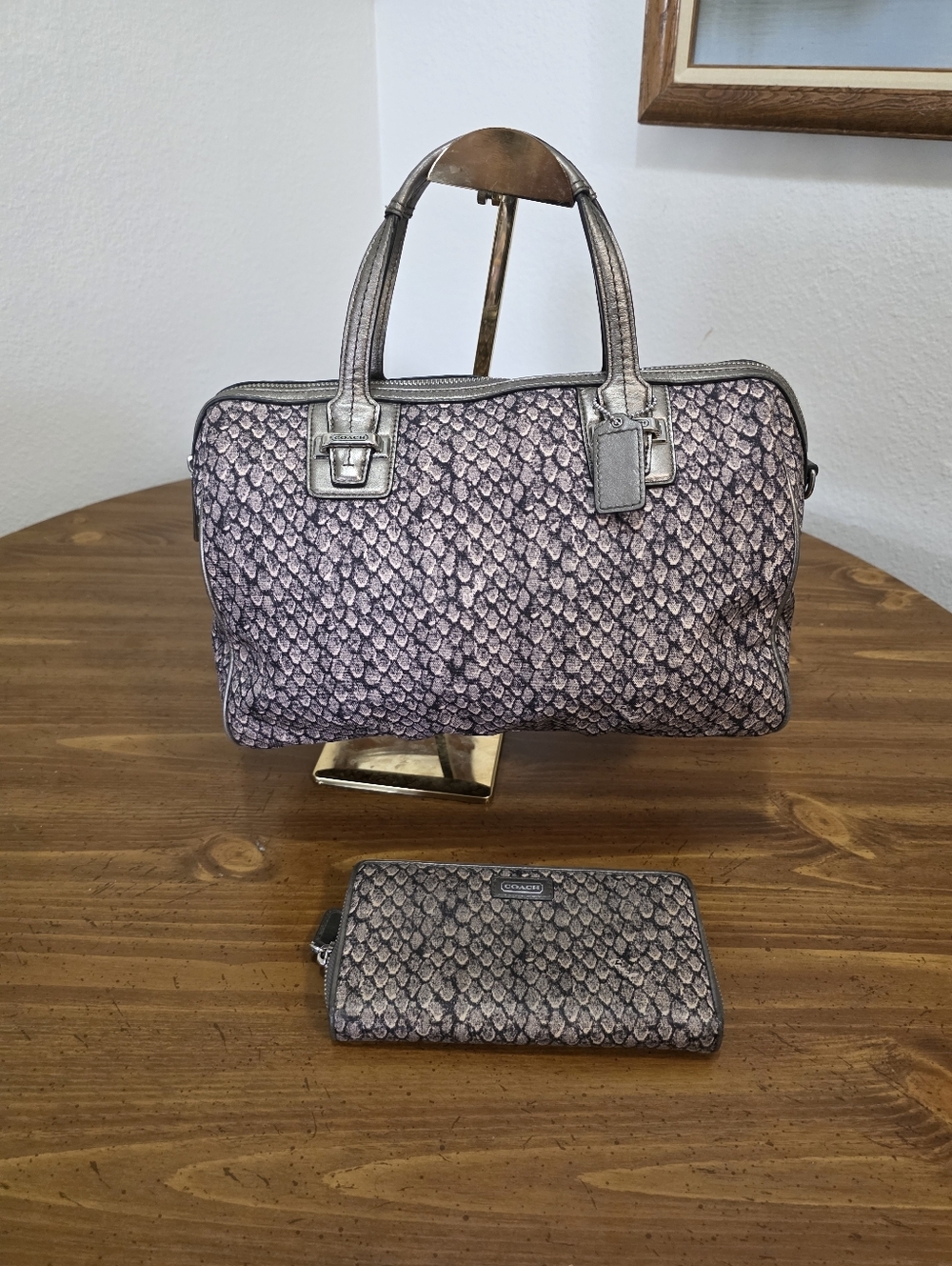 Coach Taykor Metallic Snake-Print Satchel in Silver/ Grey - Picture 1 of 1